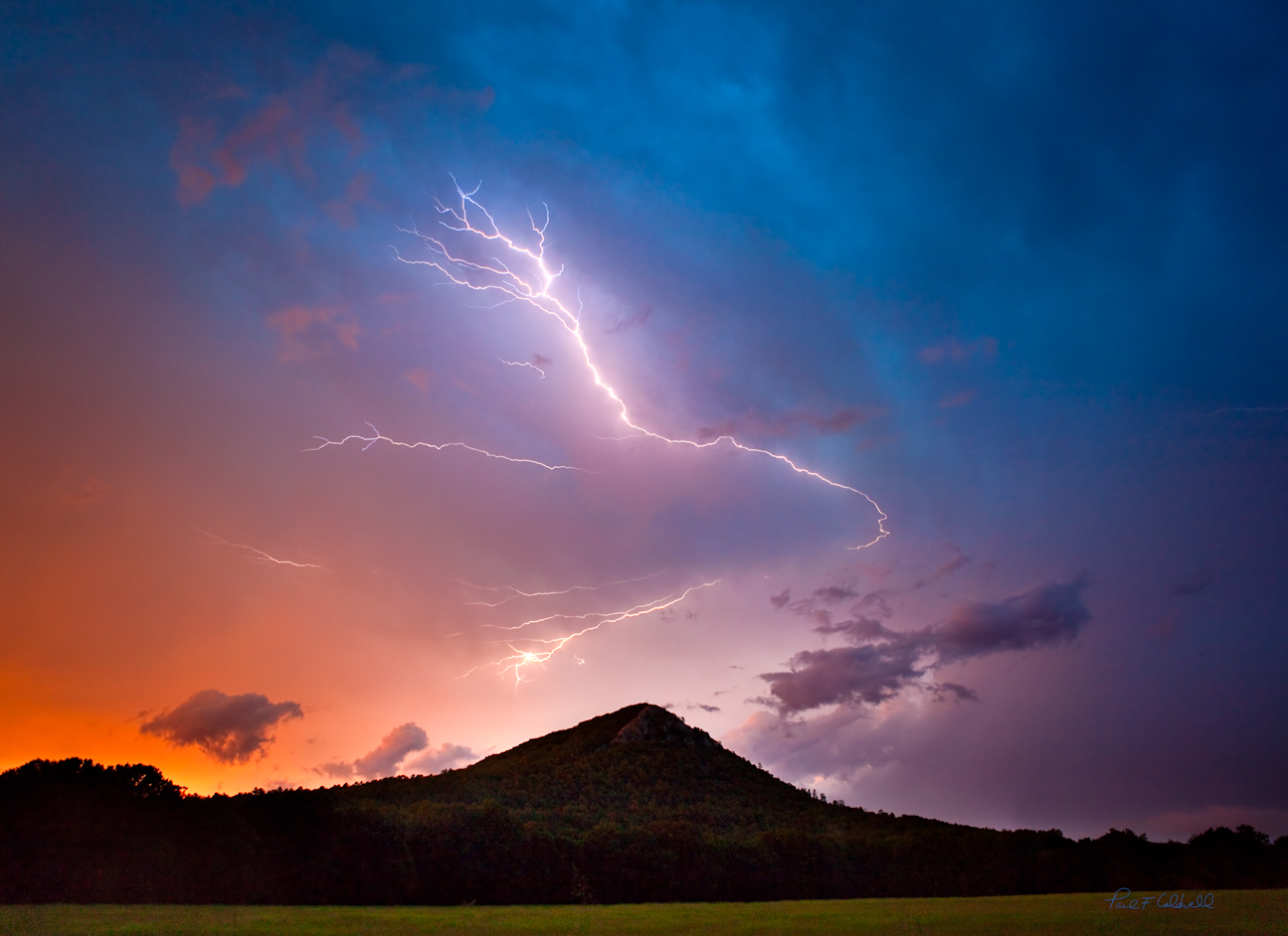 Lightening stike over Pinnacle Mountain in Pulaski County Arkasnas
