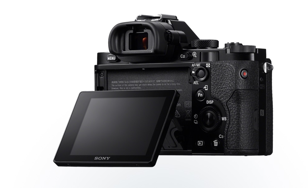 A view of the Sony A7r showing the tiltable LCD screen 